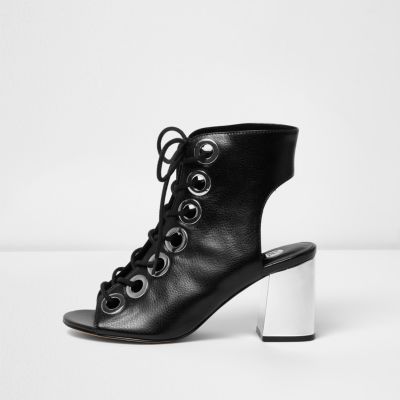 Black metallic heel lace up shoe boots